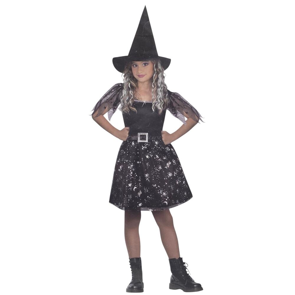 Way to Celebrate Girls Celestial Witch Costume Set Black Dress Hat Size S 6/6X